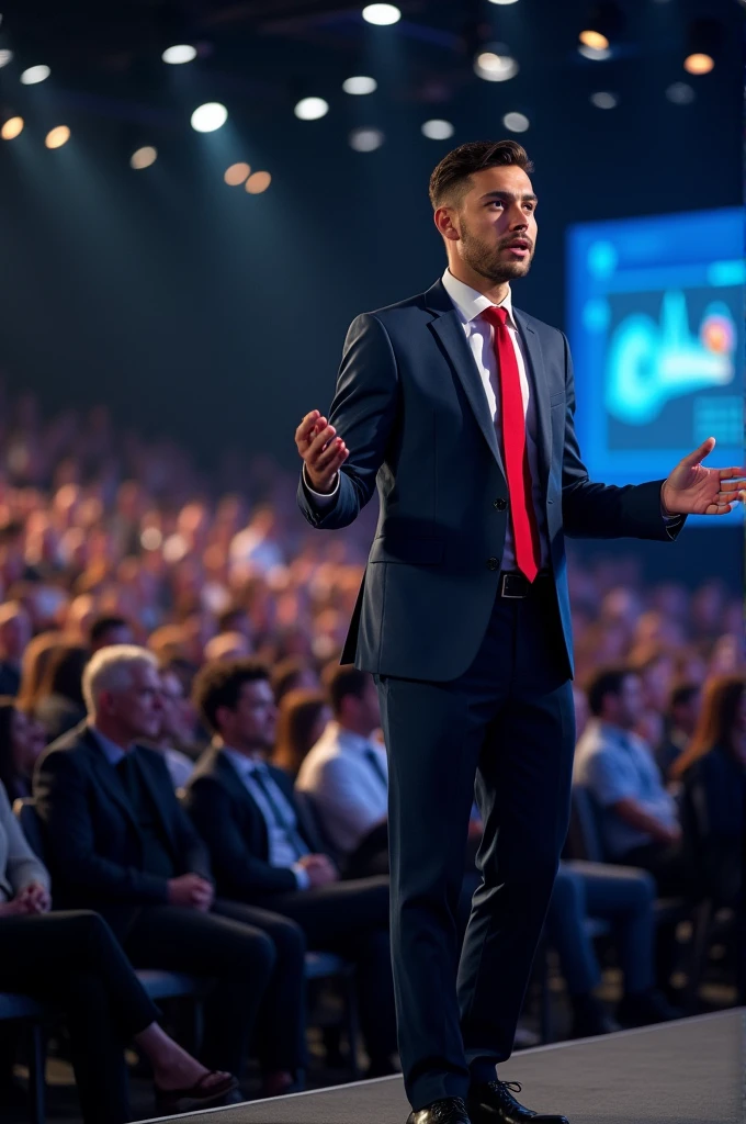Young businessman standing on podium