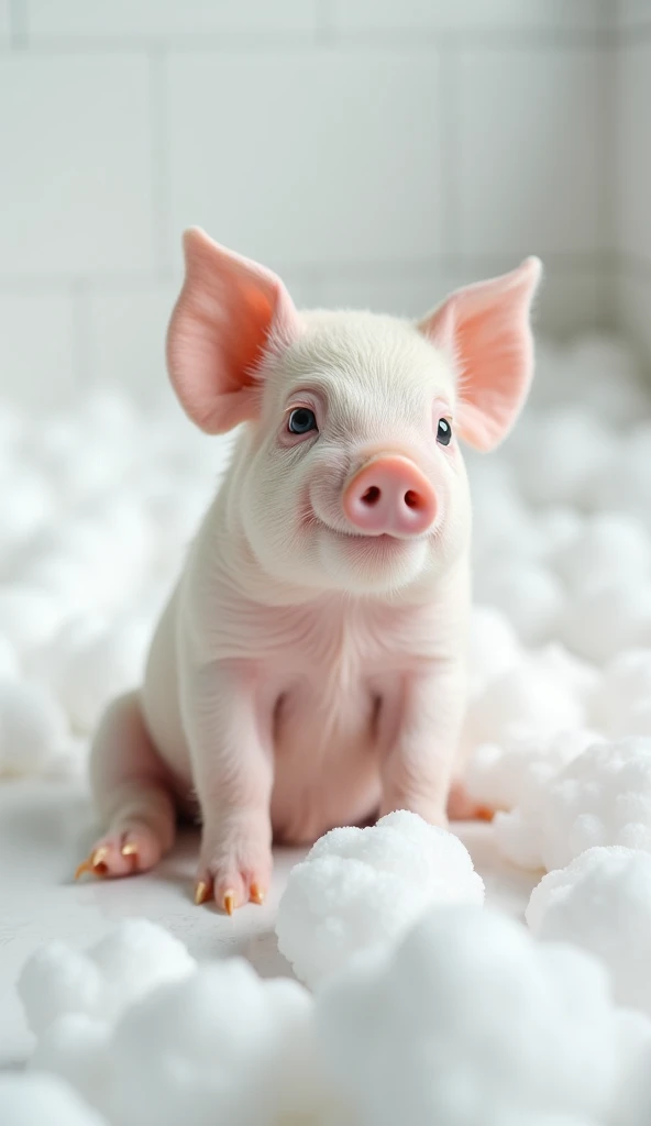 A cute and real pig, sit on the floor，Chubby，Big bright eyes, Fluffy, Delicate and exquisite, Real version of pig，Play with real white foam in the bathroom，Pure white high-end bathroom background，Character front position，9:16 frames，Ultra-high-definition picture quality