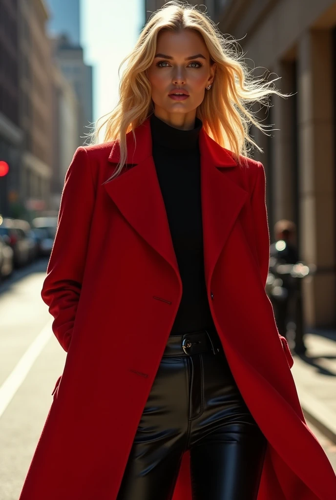 Photography of Rosie Huntington-Whiteley arrayed in a red coat, black leather pants, dynamic angle, tight outfit, accentuated texture, vivid 8K resolution, dramatic lighting.