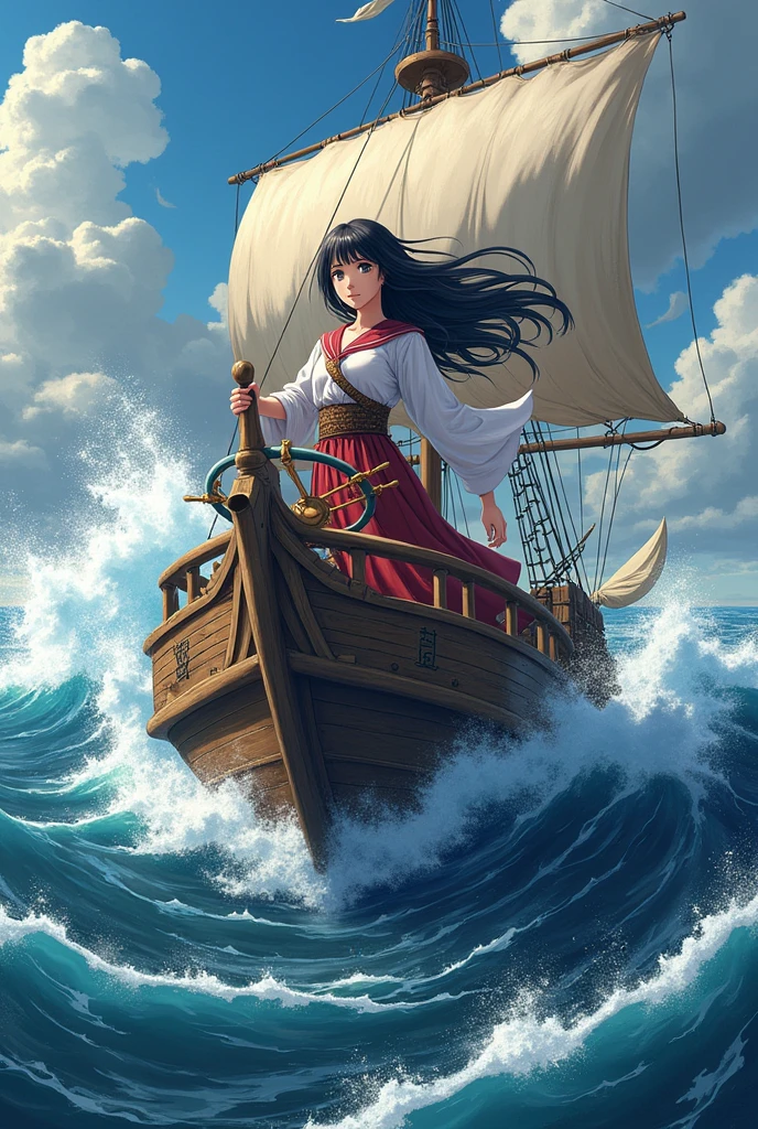 Japanese female explorer、Japanese anime style、Sailing、At the helm、In the rough seas