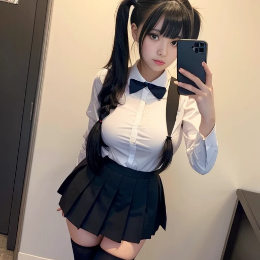 Nsfw. Selfie. Japanese young voluptuous girl. 16 yo. Huge tits. Full body. School uniform. Short black skirt. Black thigh-highs. Really long black hair. Twin pigtails.