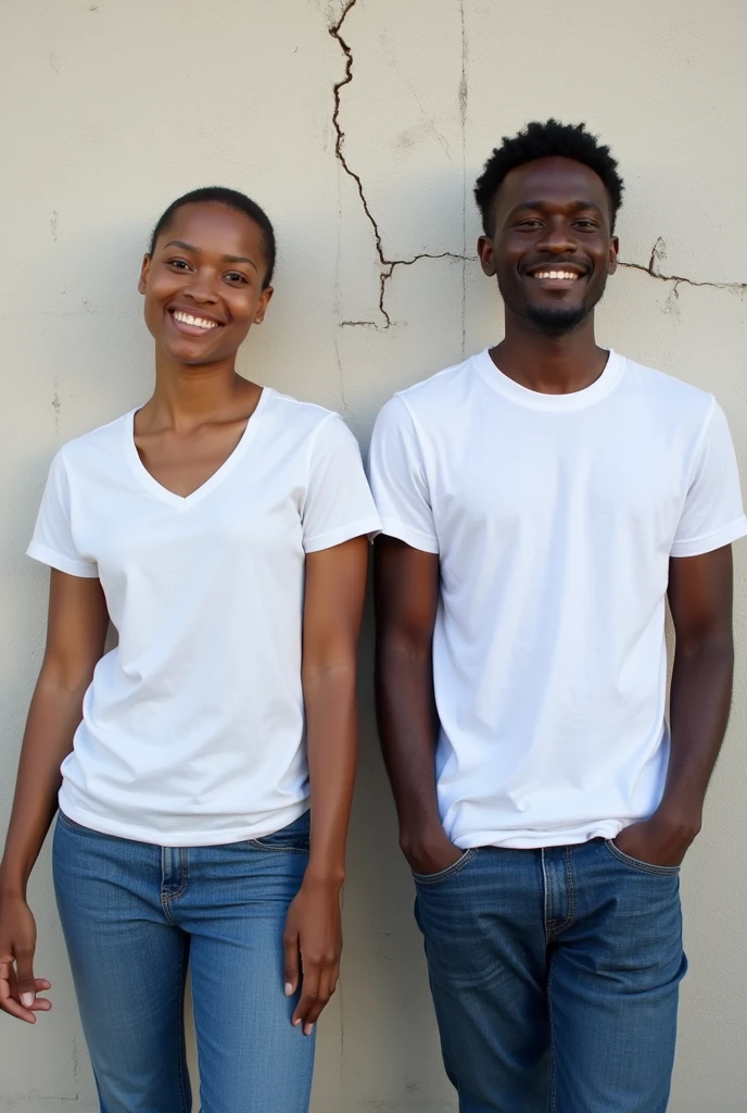 Create a split-image of the same brown skinned Ethiopian man shown side by side against a a little bit cracked wall background to illustrate a before and after transformation. In the 'before' image on the left, depict the man as shorter and wearing a plain white T-shirt and jeans. In the 'after' image on the right, show the same man taller, with no change in physique, wearing the same white T-shirt but with casual pants instead. Both images should have the man smiling and looking directly at the camera, with a noticeable difference in height and presence. The background should be minimalist with natural lighting, highlighting the transformation. Make the picture realistic