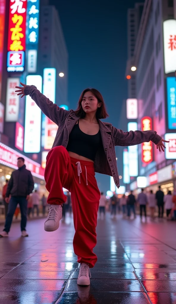 1 asian female, streetstyle hiphop fashion, baggy loose clothing, breakdancing, expressive pose, urban city environment, neon lights, cinematic lighting, vibrant colors, extremely detailed, photorealistic, 8k, film grain, dynamic composition, high quality, masterpiece