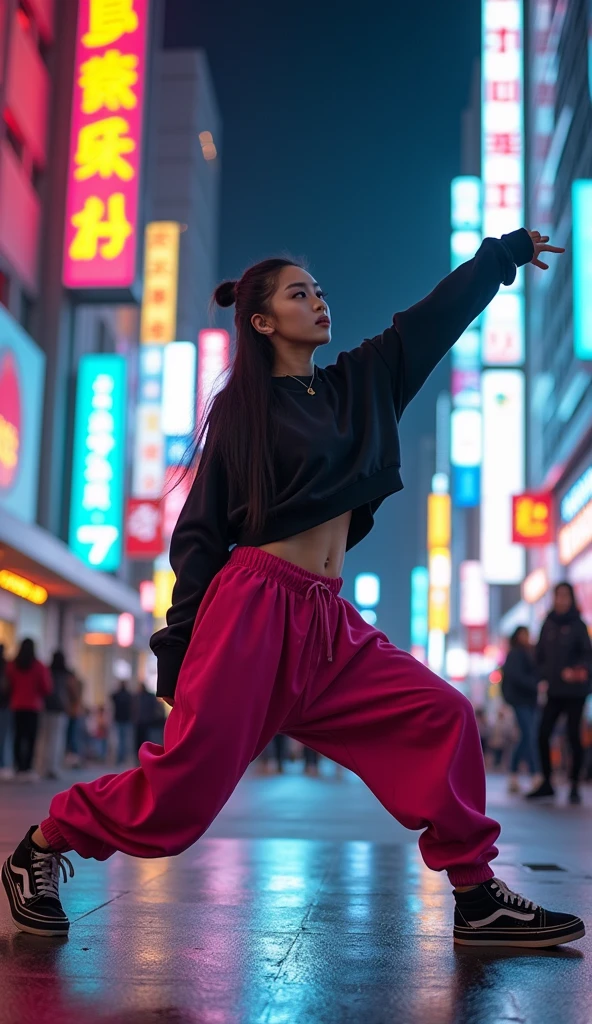 1 asian female, streetstyle hiphop fashion, baggy loose clothing, breakdancing, expressive pose, urban city environment, neon lights, cinematic lighting, vibrant colors, extremely detailed, photorealistic, 8k, film grain, dynamic composition, high quality, masterpiece