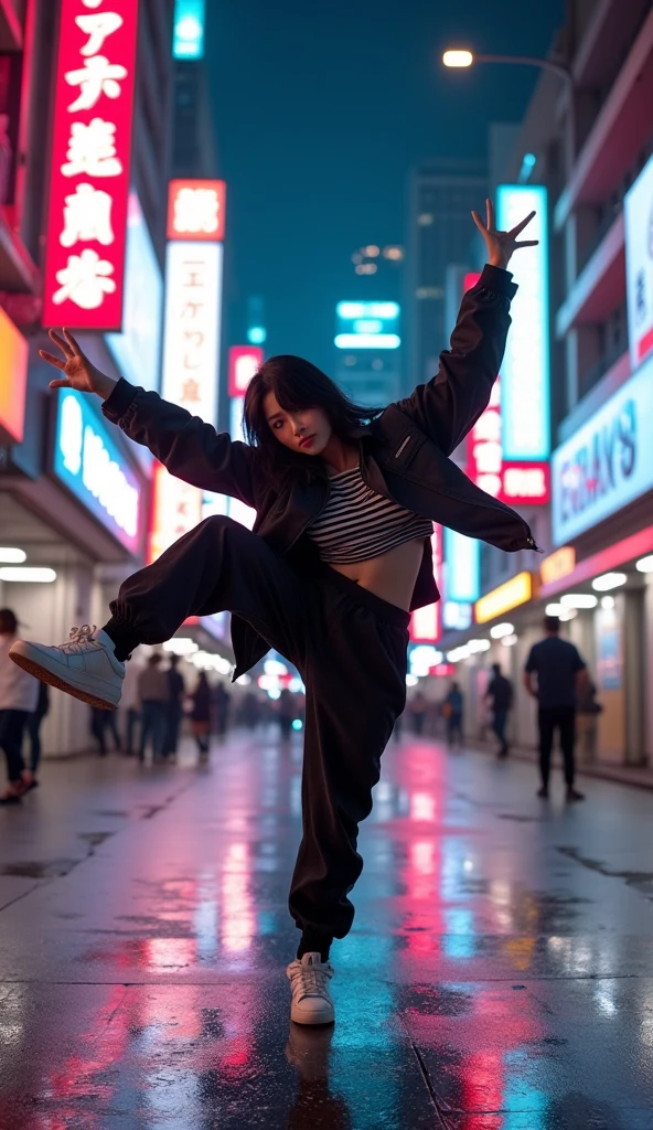 1 asian female, streetstyle hiphop fashion, baggy loose clothing, breakdancing, expressive pose, urban city environment, neon lights, cinematic lighting, vibrant colors, extremely detailed, photorealistic, 8k, film grain, dynamic composition, high quality, masterpiece