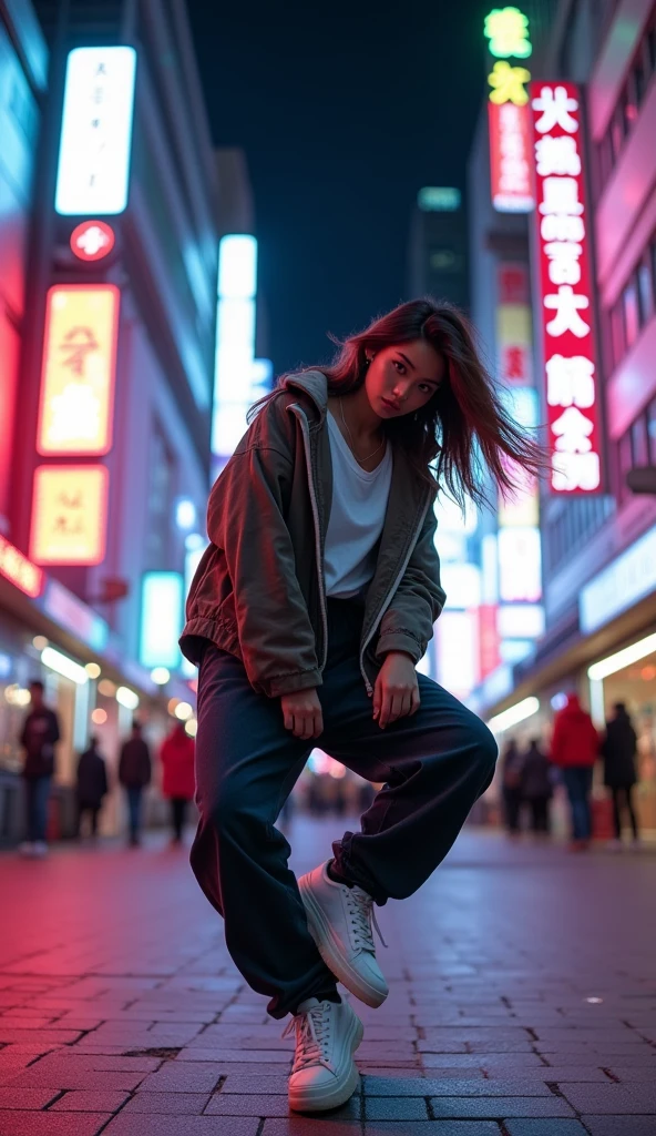 1 asian female, streetstyle hiphop fashion, baggy loose clothing, breakdancing, expressive pose, urban city environment, neon lights, cinematic lighting, vibrant colors, extremely detailed, photorealistic, 8k, film grain, dynamic composition, high quality, masterpiece