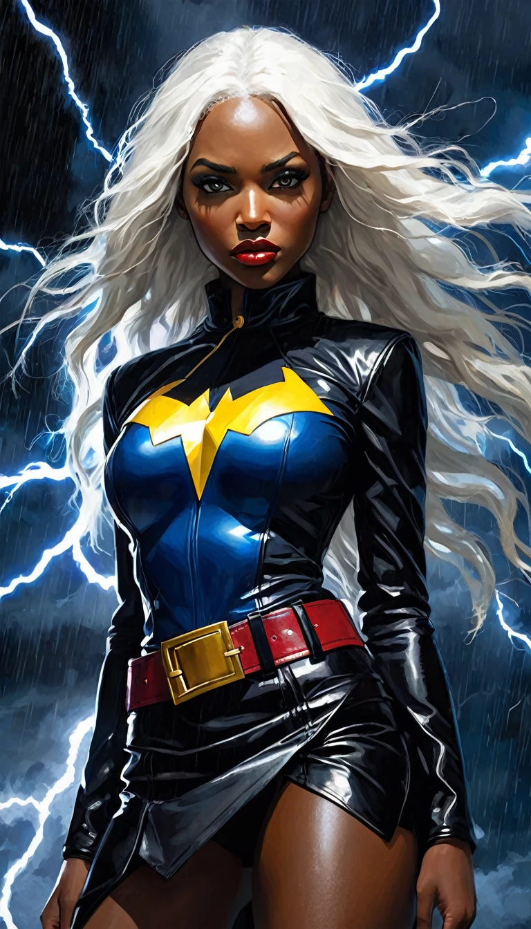 storm character, black skin, long white hair, blue eyes, superhero black leather suite, miniskirt, , x on the belt, lightning, (best quality, 4k, 8k, high resolution, masterpiece: 1.2), ultra-detailed, (realistic, photorealistic, photorealistic: 1.37), details intricate, vivid colors, sharp focus, professional, Dave McKean artwork, surrealism oil touch, oil painting style, portrait, woman, beautiful detailed eyes, beautiful detailed lips, dreamy atmosphere, shadow play, lighting soft, fun pose, dark tones, ethereal background, fantasy elements,lightning, texture, layered composition.art inspired by Bill Sienkiewicz and Dave McKean
