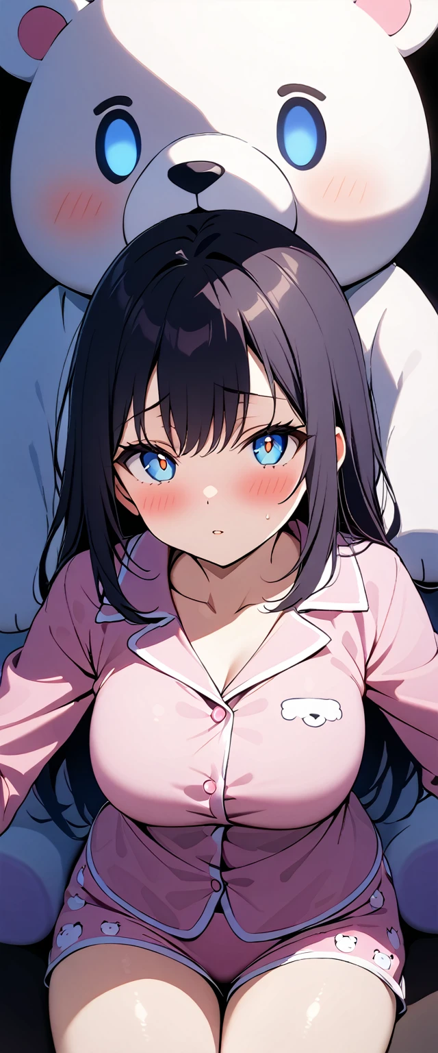 (highest quallity),(Artwork), 8k,very detailled, detailed light, best shade,Detailed reflective eyes, very detailledな顔,shiny hair,(1 girl:1.2),Woman,gland,Bblack hair,embarrassing,blush,beautiful fingers,beautiful hands,all-body,blue colored eyes,(Medium length hair:1.2),fine tune,mole under the eye,pijamas,(Plush polar bear:1.2),(Big teddy bear:1.2),Hug a stuffed animal,(Watery eyes 1.2), with sexy sleepwear (very sexy sexy pajamas