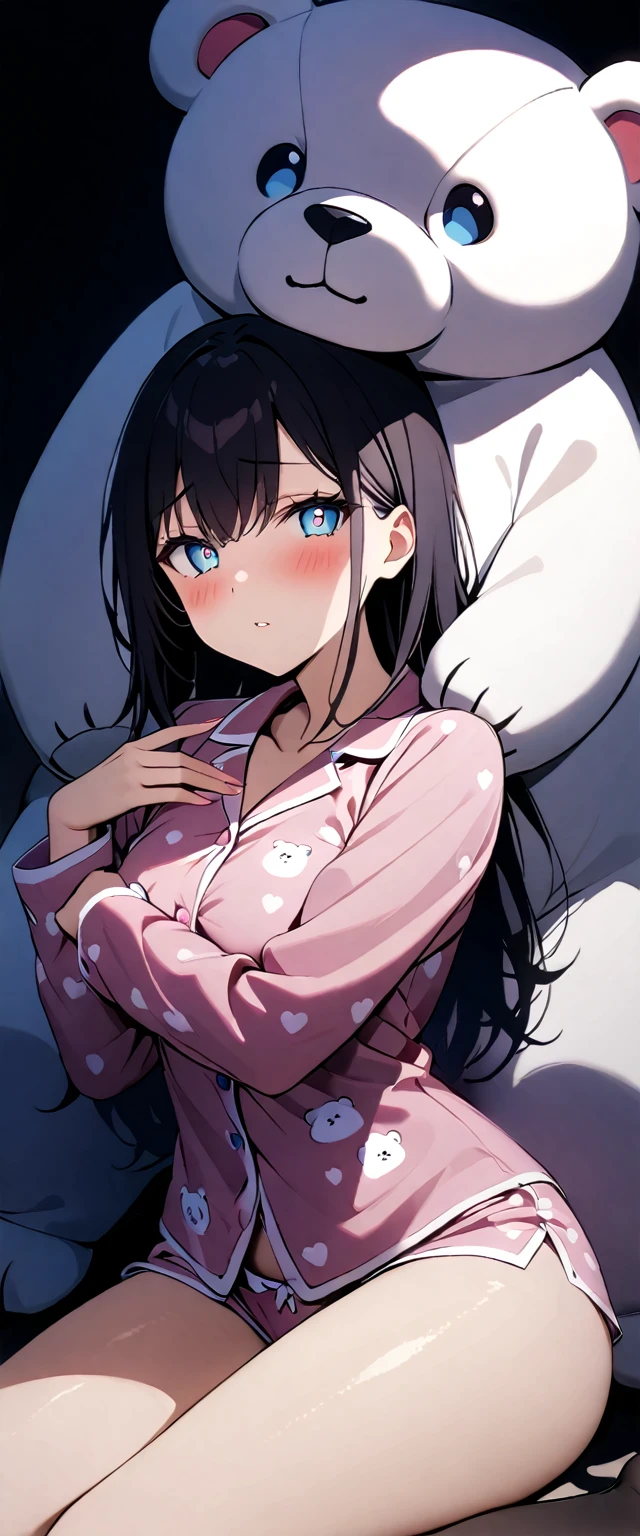 (highest quallity),(Artwork), 8k,very detailled, detailed light, best shade,Detailed reflective eyes, very detailledな顔,shiny hair,(1 girl:1.2),Woman,gland,Bblack hair,embarrassing,blush,beautiful fingers,beautiful hands,all-body,blue colored eyes,(Medium length hair:1.2),fine tune,mole under the eye,pijamas,(Plush polar bear:1.2),(Big teddy bear:1.2),Hug a stuffed animal,(Watery eyes 1.2), with sexy sleepwear (very sexy sexy pajamas