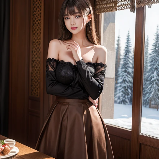 long skirt,skirt, (knee shot), 1 woman, On the face, light brown hair, blunt bangs, hair behind ears, Hair over the shoulders, long hair, Slender body type, Super thin face, face slimming, delicate lips, beautiful eyes, Thin blush, Eyes are light brown,Check it out here, (realistic:1.3), There is a coniferous forest with heavy snow., It's snowing .One person's perspective, 8k, On the table, north african trade zone, Super detailed, high quality, best quality, High resolution,(masterpiece))、(top quality)、8k、high detail、Super detailed,31 years old female,Seductive and whimsical style、masterpiece、born、Scenes resembling fairy tale illustrations、Intricate details and complex designs、Beautifully、magic、capricious、 Beautifully、Dream aesthetics、「𝓡𝓸𝓶𝓪𝓷𝓽𝓲𝓬、ethereal、charming、fickle、magic」、Realism、Visual effects、FXAA、SSAO、Shaders、voiceless、ambient lighting、Tone mapping、High resolution、Ultra high quality、Million pixels、(8k resolution:1.10)、8k、Below 8K、8k resolution、high detail、intricate details, (high quality:1.2、masterpiece:1.2、:1.21)、(31 years old female:1.21)、(Smile excitedly)、(full-body shot,Normal 2 feet,Put your hands behind you,The protrusion of the breast is visible when wearing clothes, Large Breasts, ? cup chest, off-shoulder clothes