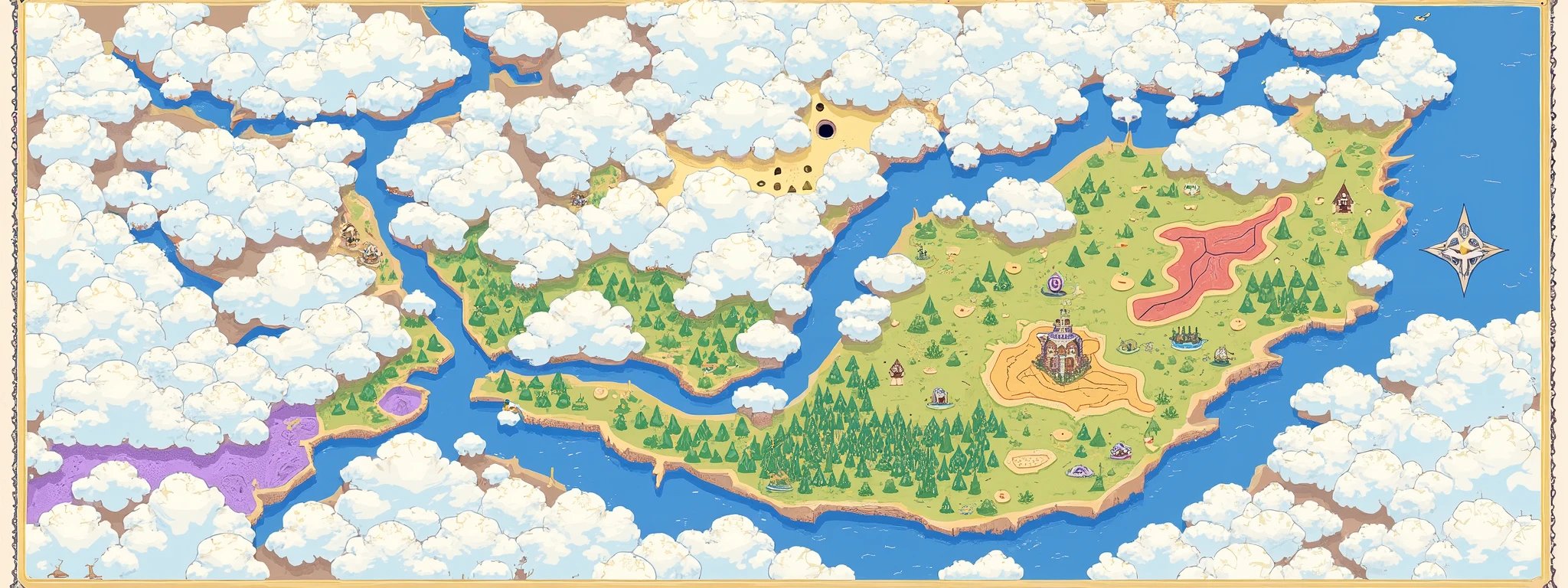 game map, Hyrule, Ancient Fantasy Regional Map, Highly detailed map,Detailed Map, Height Map,world map、Isekai Map、Map of the Kingdom、Otherworldly Adventure,K HD、meticulous、Ground View、Spread up,pixel art , There are 3 major countries of the human race, the blue line, the red border, the yellow border, and beside the yellow border is the sea, with a very deep black hole in the middle of the sea, the green line is the forest area, and the dark green is the very dense forest area, which is the place of the Elf race, and the purple area is the Demon race area, which is a desolate, polluted land, and the white border area is the high mountain area, the snowy area of the Dragon race. , (Top of view)