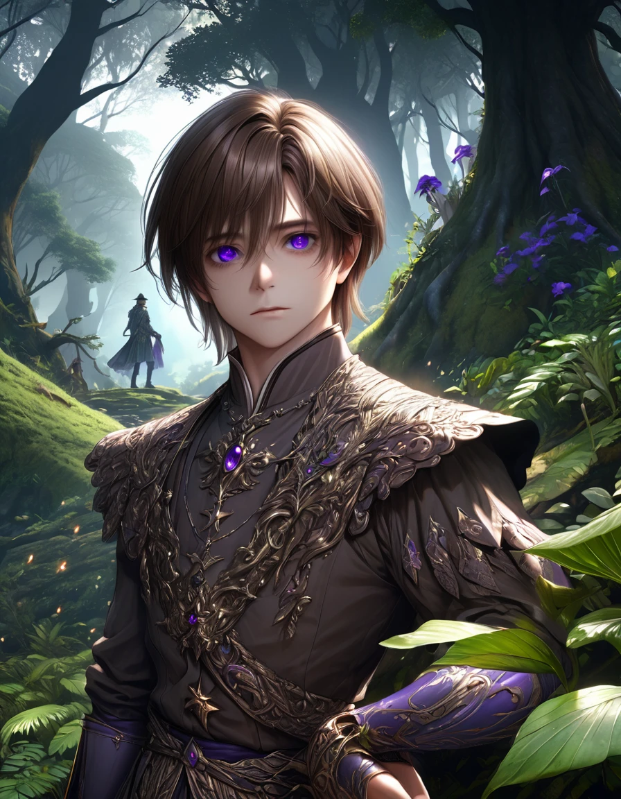 1boy, (middle aged man), elf, solo, brown hair, purple eyes, aristocratic looking, extremely detailed face and eyes, long eyelashes, intricate jewelry, ornate fantasy clothing, cinematic lighting, dramatic shadows, moody atmosphere, dramatic pose, fantasy landscape, rolling hills, dense forest, mystical glowing plants, (best quality,4k,8k,highres,masterpiece:1.2),ultra-detailed,(realistic,photorealistic,photo-realistic:1.37)