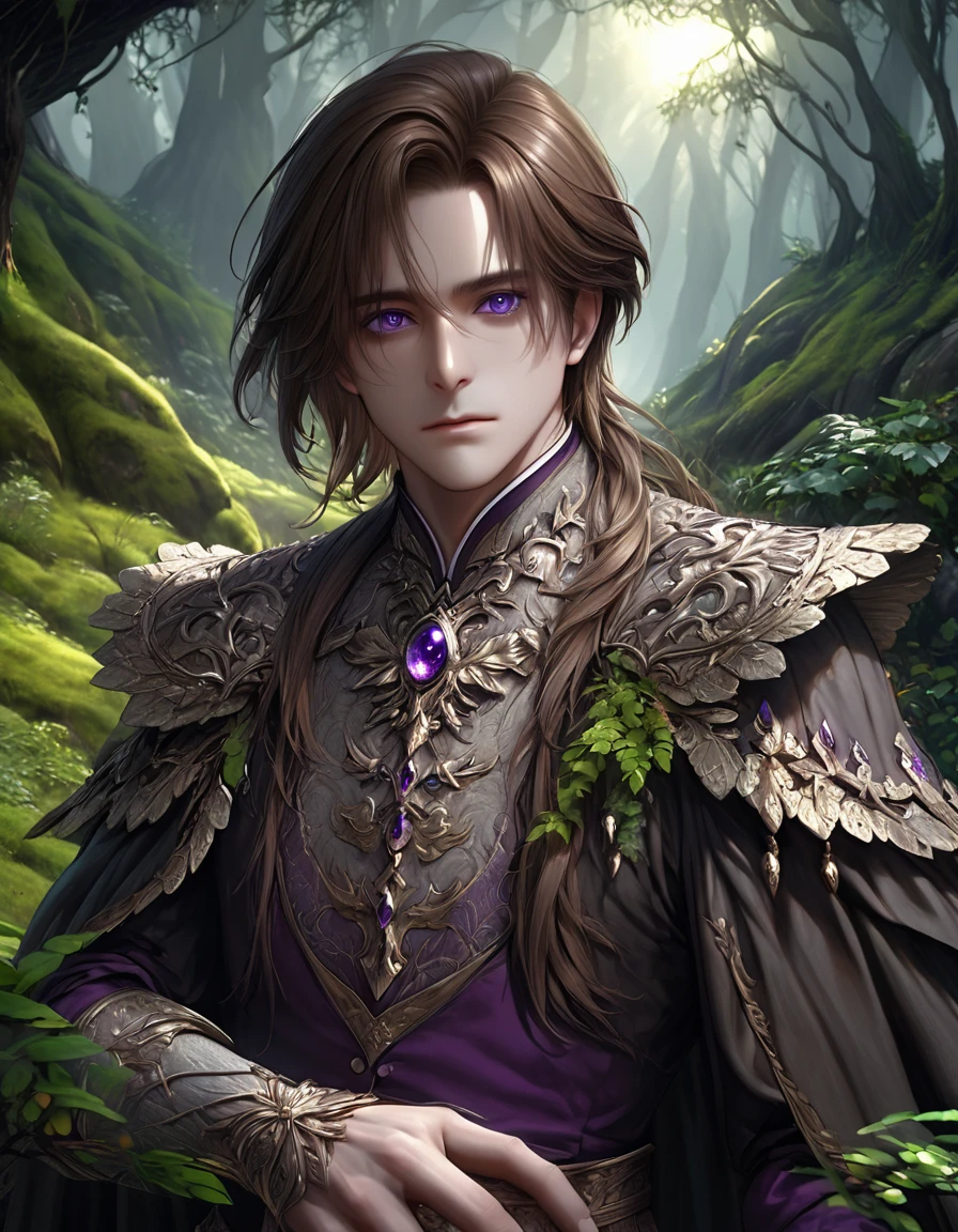 1boy, (middle aged man), elf, solo, brown hair, purple eyes, aristocratic looking, extremely detailed face and eyes, long eyelashes, intricate jewelry, ornate fantasy clothing, cinematic lighting, dramatic shadows, moody atmosphere, dramatic pose, fantasy landscape, rolling hills, dense forest, mystical glowing plants, (best quality,4k,8k,highres,masterpiece:1.2),ultra-detailed,(realistic,photorealistic,photo-realistic:1.37)