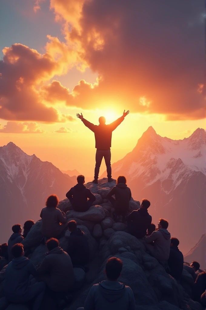 A man Standing on a mountain with a lot of people standing down and worshiping him