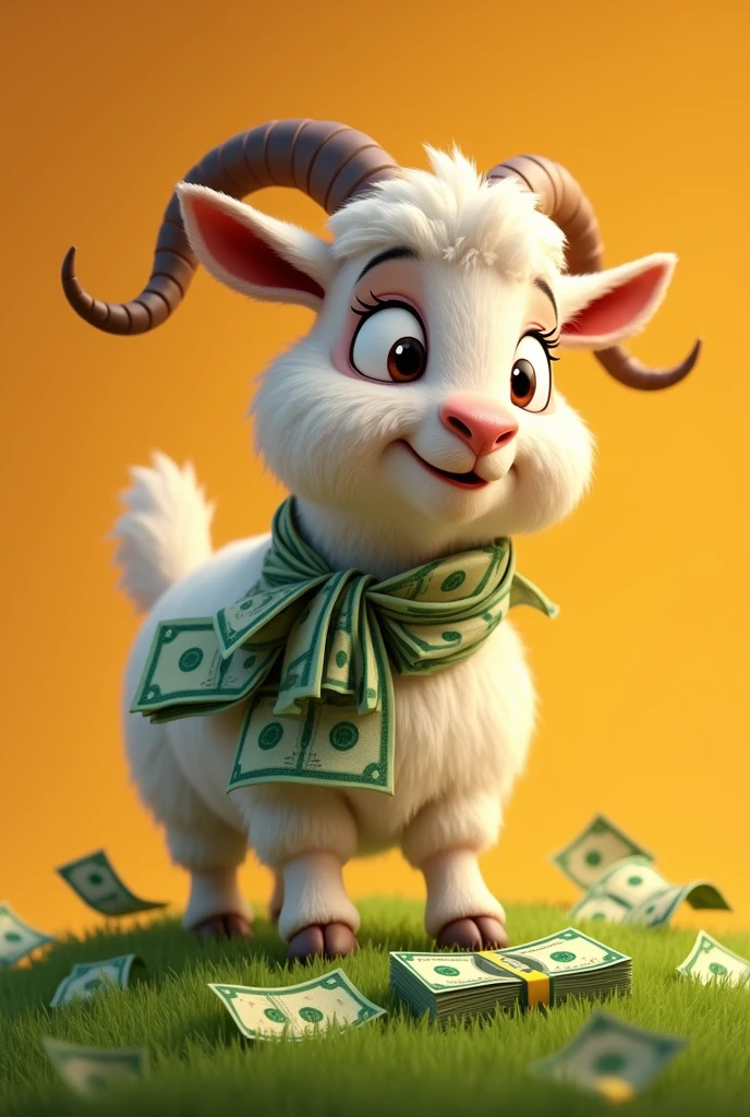 An animated goat with money around it's skin looking on the right and it's head looking down like it is eating grass with a solid colour background 