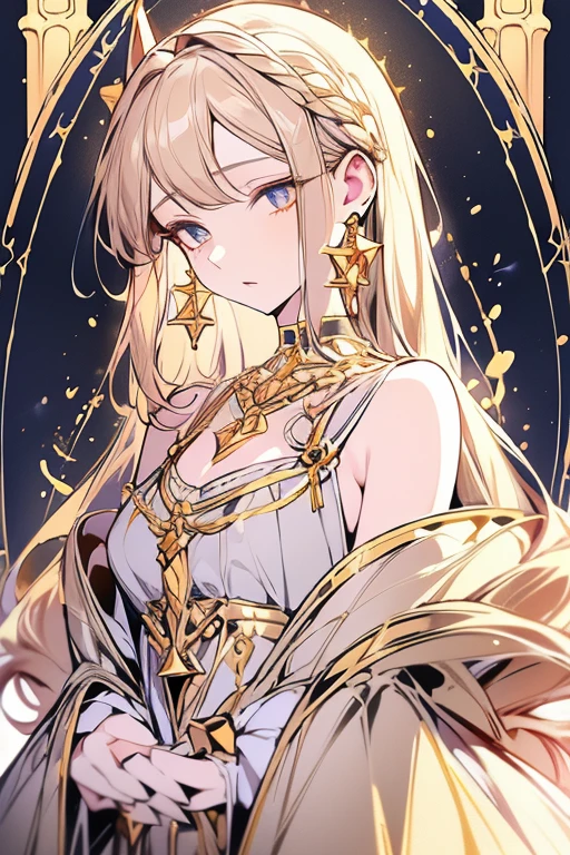 lamplight, beautiful woman, gold eyes, (Detailed eyes, The eyes are bright), Long blonde hair, pale-skinned, earrings, necklace, medium skin, dark blue dress, Meticulous gown, golden accessories on clothes, blue flowers on hair, (perfect anatomia), Highqualityshadow, natural lighting, (White highlights),overcast day, (starrysky), (shining)