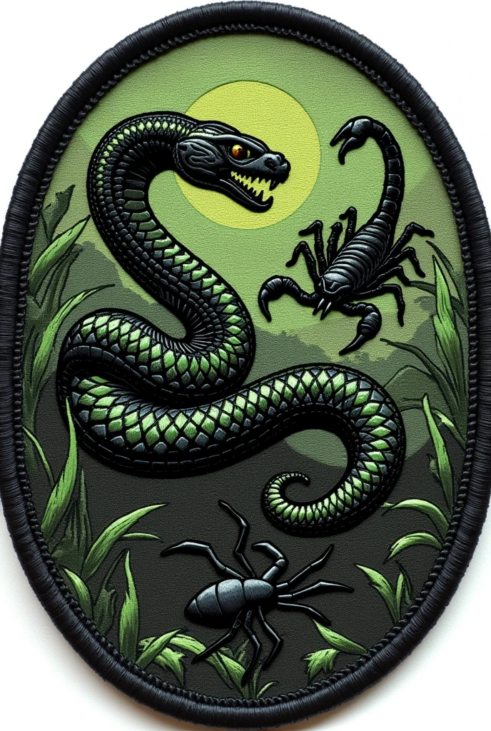 Image for military patch  ,round-cropped , green and black  , rescue of venomous animals with snake, scorpion and spider 
 