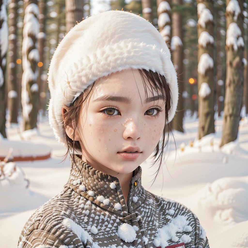a beautiful japanese college girl with some freckles on her face inspired by hamada hideyaki shot by contax g1 with portra 800 film roll, ((short hair)),  ((snowy pine forest)),winter,scenery:1.25,((intricate scenery)),((snow forest background)), ((sun rays)), (gentle snow:1.3)) , (big snow flakes:1.4)), ((heavy snow:1.4))
