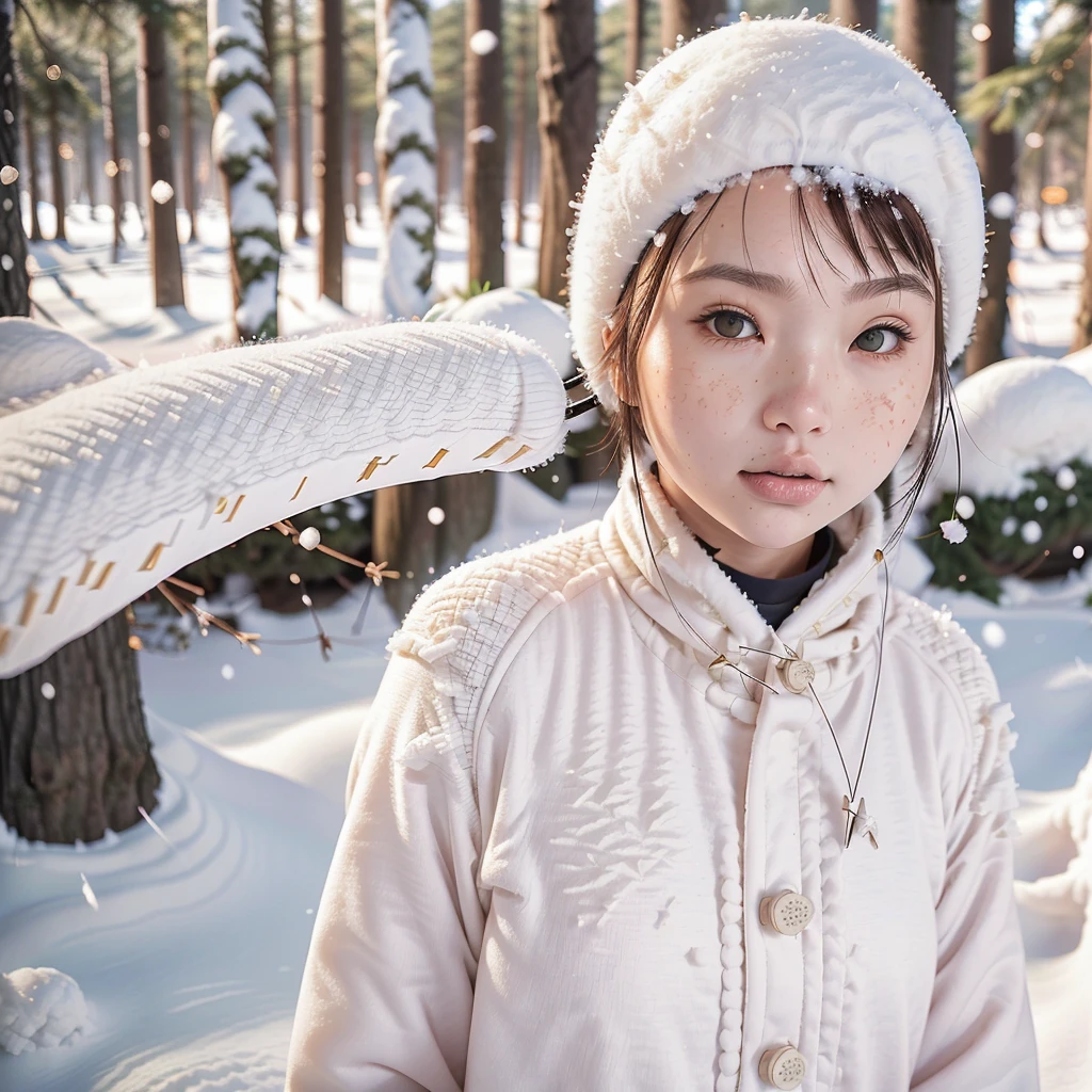 a beautiful japanese college girl with some freckles on her face inspired by hamada hideyaki shot by contax g1 with portra 800 film roll, ((short hair)),  ((snowy pine forest)),winter,scenery:1.25,((intricate scenery)),((snow forest background)), ((sun rays)), (gentle snow:1.3)) , (big snow flakes:1.4)), ((heavy snow:1.4))