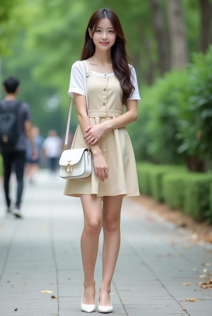 ((masterpiece, top quality, 8k, RAW photo, realistic, ultra highly detailed)), 1 girl, (japanese face:1.4), 20 years old, big smile:1.5, perfect cute face:1.4, well groomed face, perfect body:1.4, dark brown hair:1.4, long hair, natural makeup, (double eyelid, full body shot, standing, beautiful legs:1.3), ((light beige front button one piece dress, knee length, short sleeve, white heels, have a white bag)), (in campus:1.5)