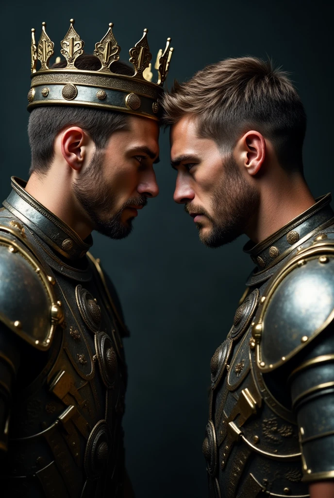 Two young men facing each other angrily wearing armor with dark background, one of them is wearing a crown. I need only their faces