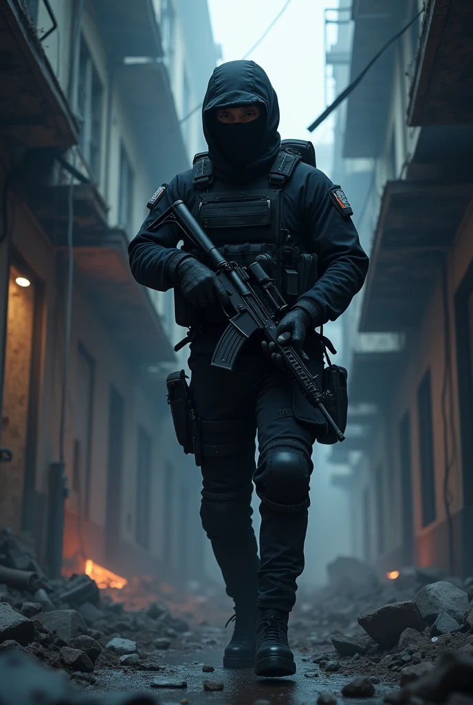 One special forces army in fully black uniform and masked face he's in operation saving people, he's in a building and holding rifle and make it animated style