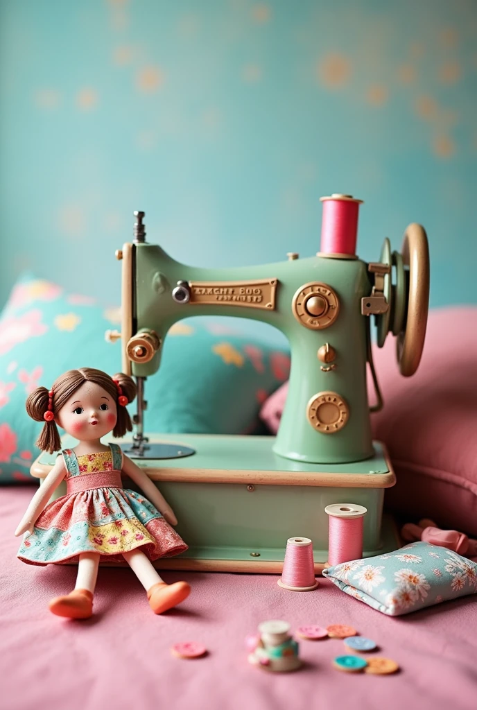 I need a flyer with a sewing machine, thread, Doll and pillow