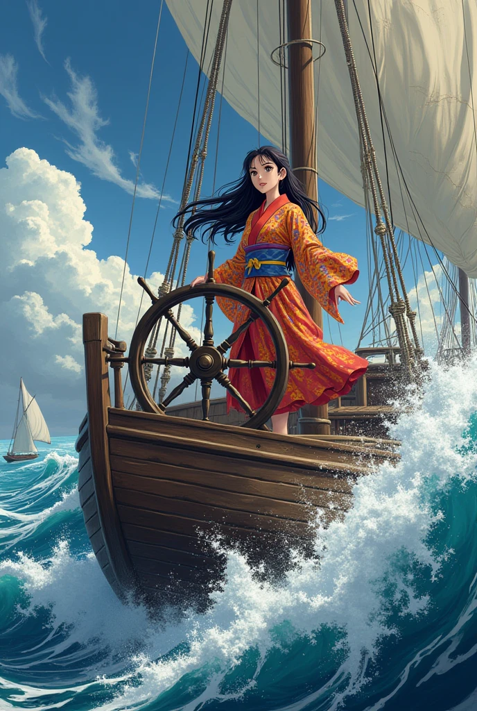 Japanese female explorer、Japanese anime style、Sailing、At the helm、In the rough seas