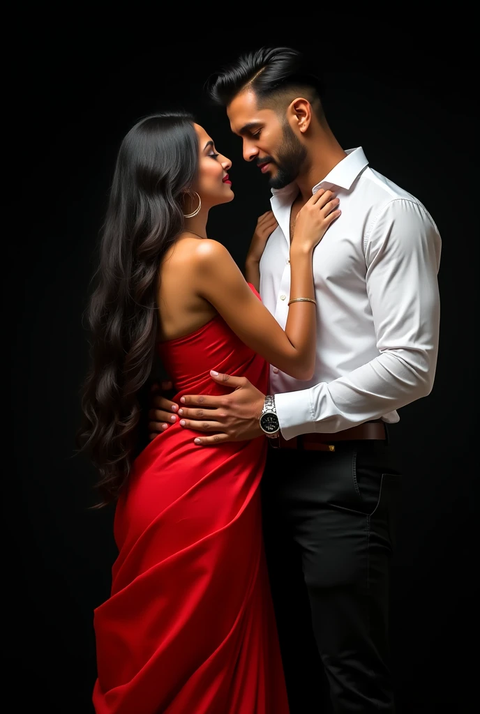 A beautiful lean Indian woman wearing read saree locking her hands with the handsome man's neck who is tall handsome muscular like a supermodel wearing white button up t-shirt and black jeans. Ai cover. His hands are on her waist. Background black