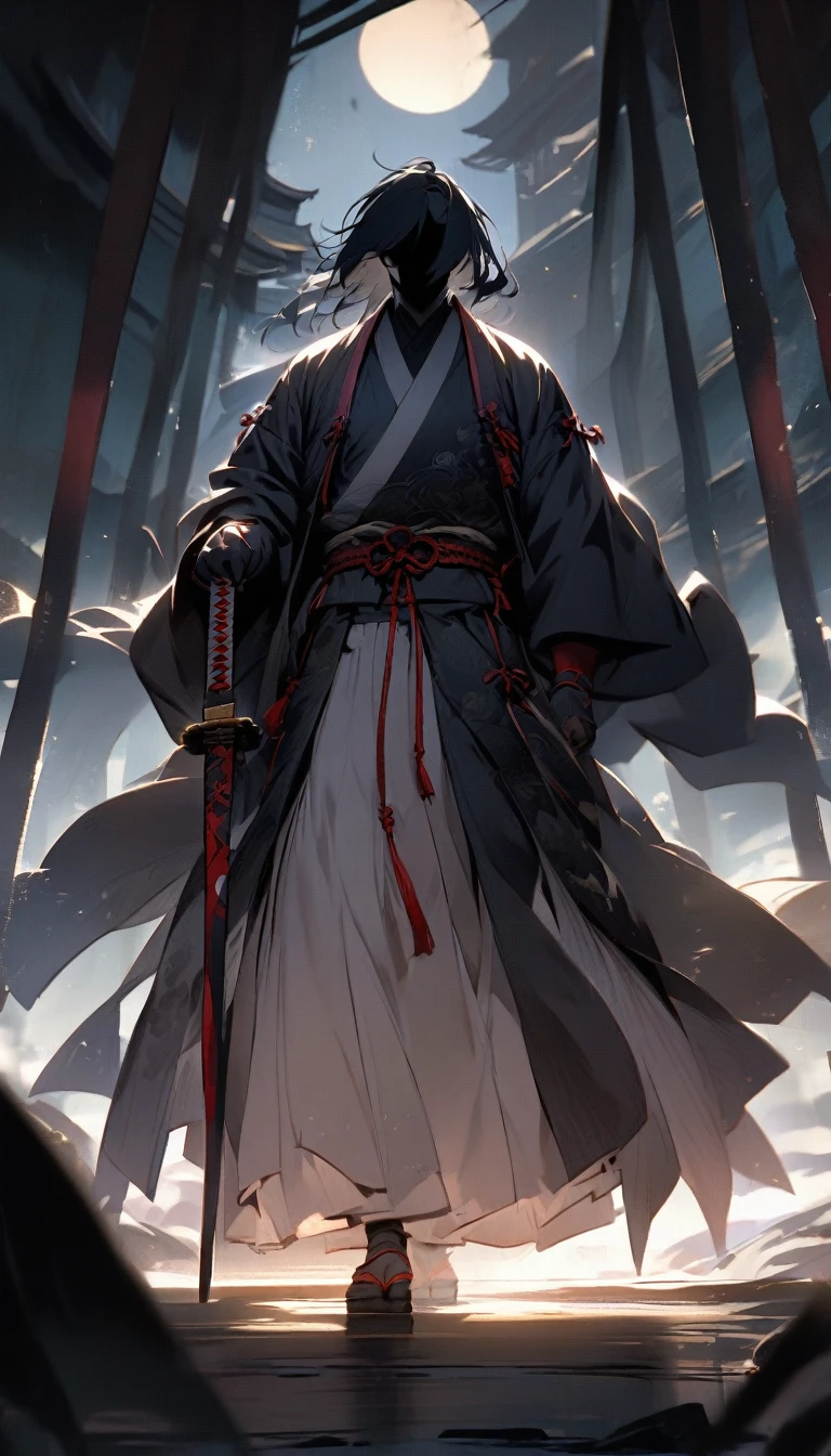 "A mysterious samurai standing in the shadows, his silhouette illuminated by the faint glow of a rising sun, holding a sheathed katana. The atmosphere is tense and ominous, with traditional Japanese architecture in the background."