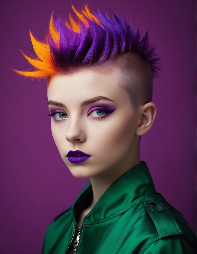 Very attractive 17 year old caucasian female, portrait of sks woman by Flora Borsi, style by Flora Borsi, bold, bright colours, bright purple Mohawk haircut, ((Flora Borsi)),