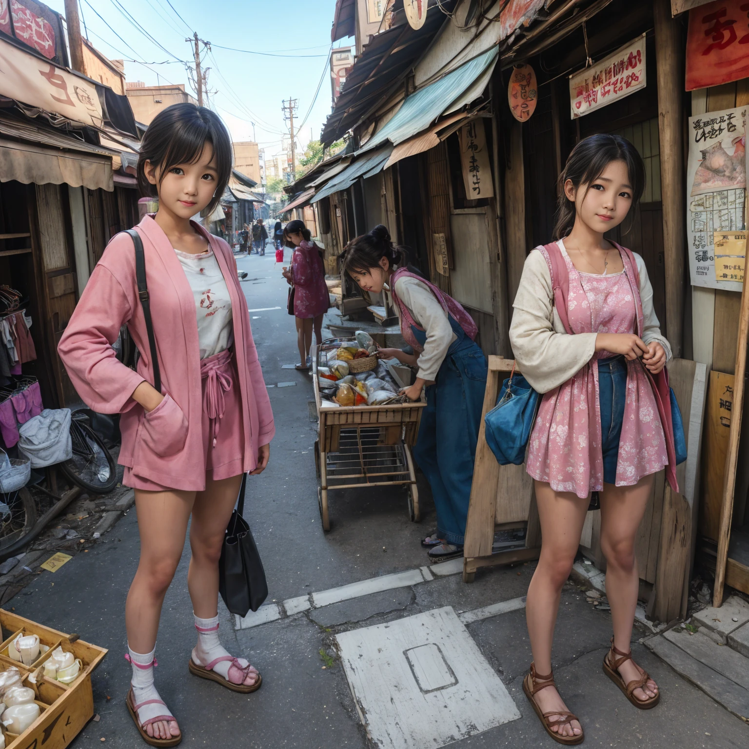 ((masterpiece、Highest quality))、Beautiful girls gather.、Three girls in summer clothes、clothes、(Showa Retro:1.2)、(Detailed and cute face:1.3)、(Poor conditions、Japan's poor neighborhoods、Dim and unsanitary、Standing Bar、みんなで楽しくdiet、Crumbling shopping mall)、屋台のdiet店、stage、sewage、Dirty shop、street vendors、Unsanitary and abandoned city、smile、diet、Poor person々