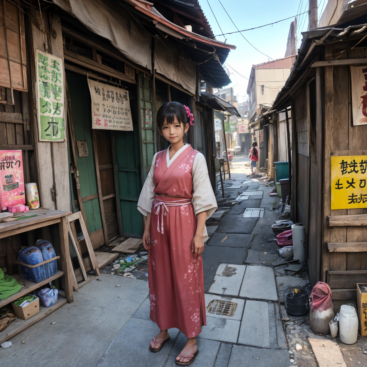 ((masterpiece、Highest quality))、Beautiful girls gather.、Three girls in summer clothes、clothes、(Showa Retro:1.2)、(Detailed and cute face:1.3)、(Poor conditions、Japan's poor neighborhoods、Dim and unsanitary、Standing Bar、みんなで楽しくdiet、Crumbling shopping mall)、屋台のdiet店、stage、sewage、Dirty shop、street vendors、Unsanitary and abandoned city、smile、t、Poor person々