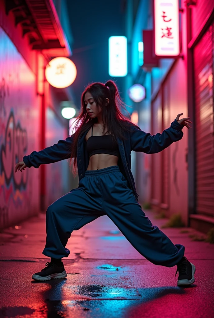 1 asian female, streetstyle hiphop fashion, baggy loose clothing, breakdancing, expressive pose, urban allyway environment, neon lights, cinematic lighting,, extremely detailed, photorealistic, 8k, film grain, dynamic composition, high quality, masterpiece