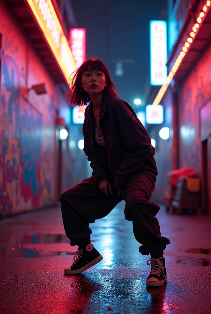 1 asian female, streetstyle hiphop fashion, baggy loose clothing, breakdancing, expressive pose, urban allyway environment, neon lights, cinematic lighting,, extremely detailed, photorealistic, 8k, film grain, dynamic composition, high quality, masterpiece