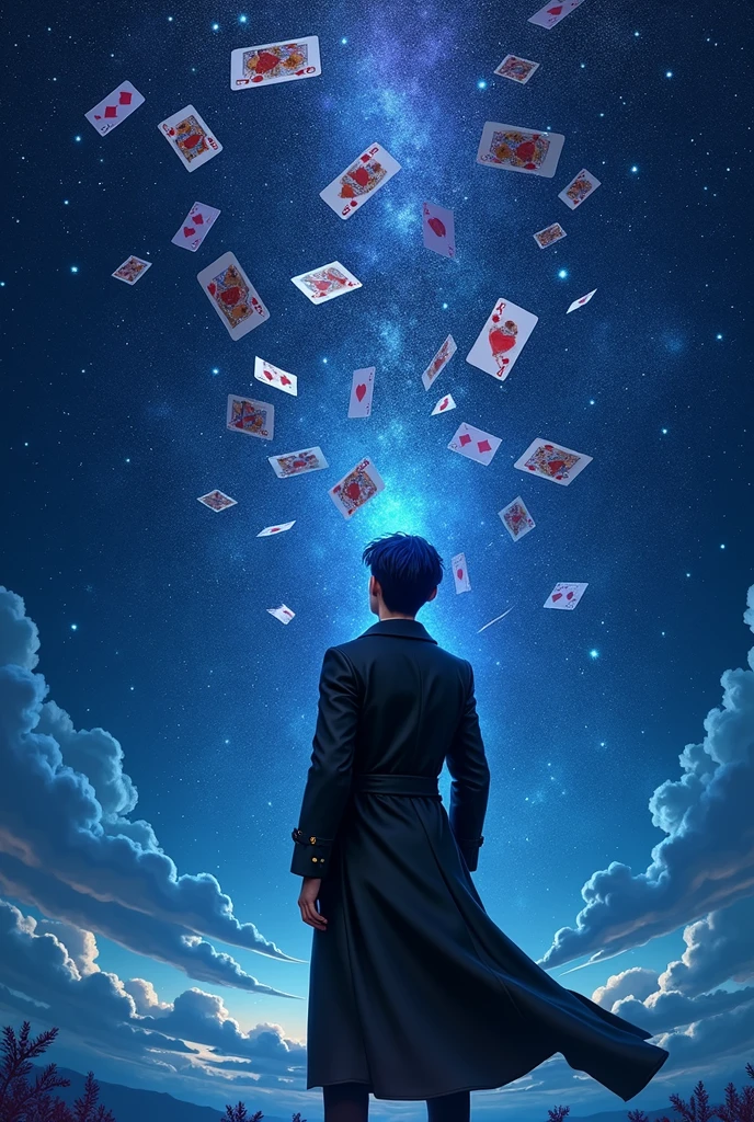 a man in a black trenchcoat looking up at the starry night sky, cards swirling around him, anime style, highly detailed, cinematic lighting, dramatic, (best quality,4k,8k,highres,masterpiece:1.2),ultra-detailed,(realistic,photorealistic,photo-realistic:1.37),dramatic lighting,moody atmosphere,dynamic composition,intricate details,vibrant colors,whimsical fantasy,surreal elements,magical realism