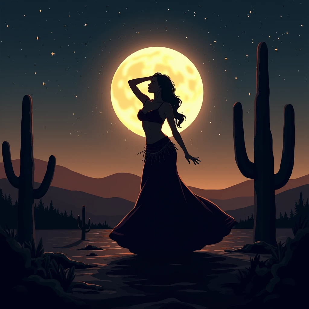 desert full moon Belly Dancer silhouette An illustration night
