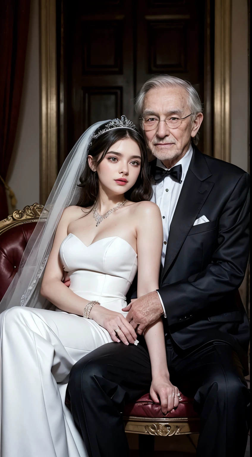 an 80 year old man married to a 17 year old age girl, the old man wore a black suit, black trousers and black office shoes. while a teengirl wears a pink hijab, white strapless wedding long dress, with red lips, exposed chest. old man and teenage as romantic couple sitting on wedding throne.