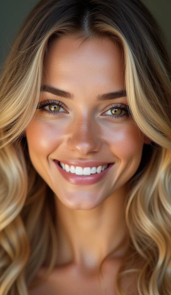 high resolution photo frontal portrait of a woman that has a radiant oval face with a striking and captivating appearance, radiating elegance and charm. A beautiful 29 year old woman with delicate and feminine facial features. Her long, wavy blonde hair frames her face in a charming way, while her warm honey brown eyes shine with intelligence and warmth and are framed by long, dark lashes and well-shaped eyebrows. Her facial features are perfectly balanced, with an elegant nose and softly defined cheekbones. Her cheekbones, her facial features are high and prominent, perfectly balanced, with softly small and elegantly defined cheekbones. Her smile is radiant and infectious, lighting up the room whenever she enters. Her full, naturally pink lips add a touch of seduction to her already captivating presence and often curve into a warm, friendly smile that reaches her eyes. Gabriela meticulously takes care of her appearance, maintaining clear, smooth and flawless skin with a golden tone that enhances her natural beauty and radiates a healthy glow. Her oval face is complemented by long, flowing blonde hair that cascades over her shoulders with a natural, healthy glow. Overall, Gabriela has a classic, timeless beauty with an approachable girl-next-door charm  --style raw  --ar 3:4