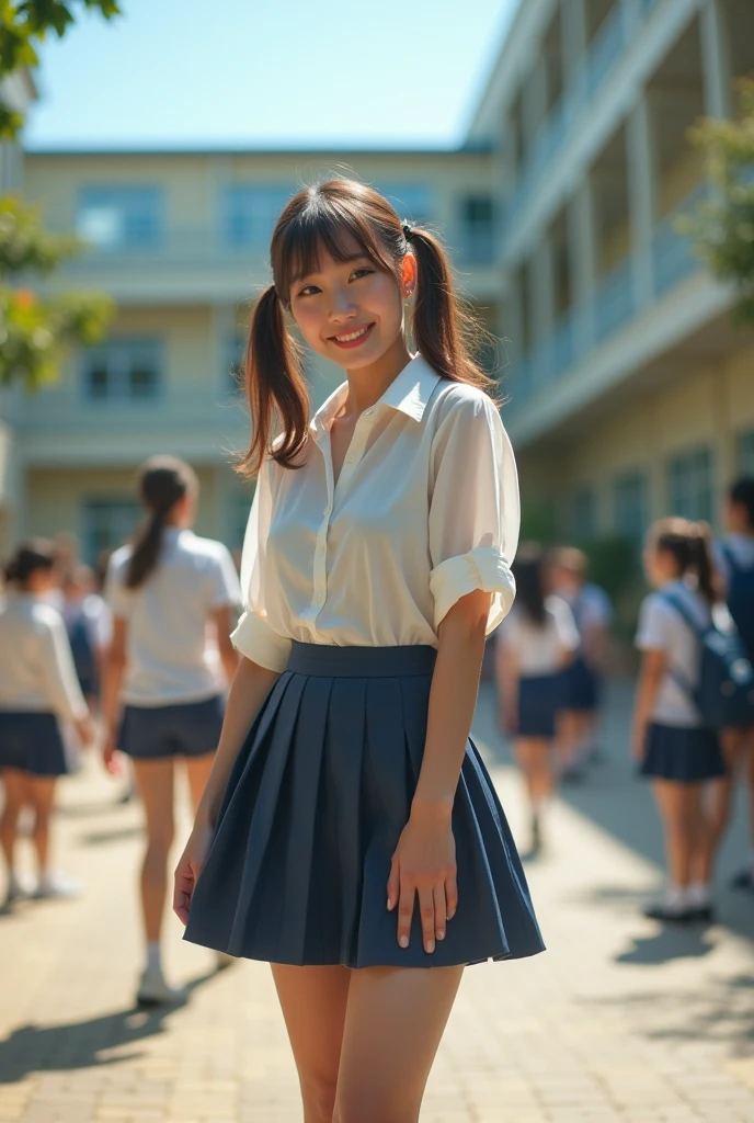 Highly detailed 8k wallpaper), sharp focus, detailed, dramatic, delicate and beautiful , full body figure, tie (transparent white shirt,) tie, dark blue pleated micro mini, light brown hair, smooth pigtails, sexy, (NUDE,) laugh, Peeping at the viewer, The graphics are beautiful, bright school building, It&#39;s full of students., showing my whole body, white socks, (showing panties, seat).