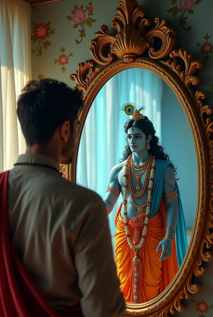 Man standing in front of mirror, mirror image is reflection of lord krishna