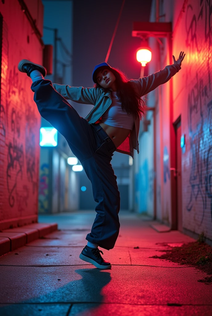 1 asian female, streetstyle hiphop fashion, baggy loose clothing, breakdancing, footwork spinning on head, expressive pose, urban allyway environment, neon lights, cinematic lighting,, extremely detailed, photorealistic, 8k, film grain, dynamic composition, high quality, masterpiece