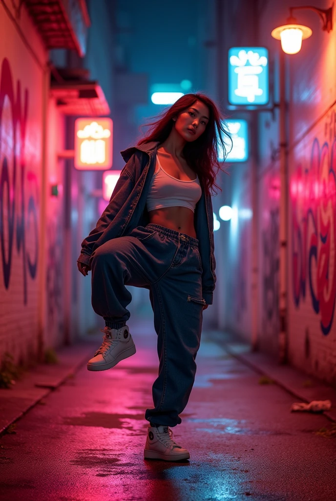 1 asian female, streetstyle hiphop fashion, baggy loose clothing, breakdancing, footwork spinning on head, expressive pose, urban allyway environment, neon lights, cinematic lighting,, extremely detailed, photorealistic, 8k, film grain, dynamic composition, high quality, masterpiece