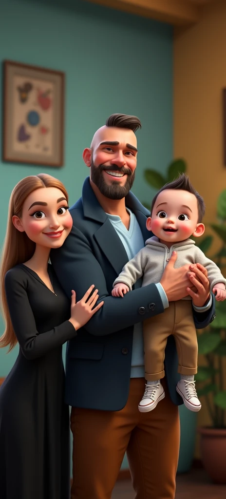 Happy family of 3 people, an adult couple and an 8-month-old baby. The father is in the center, he is wearing dark blue coat and light blue shirt and brown pants, he is the tallest, big and strong, shaved bald hair and has a medium black Viking-style beard, with light brown eyes and he has grumpy face. The father is holding the 8-month-old baby in his left arm. The eight-month-old baby has dark blond hair and big dark blue eyes, the baby is wearing light grey jumper and light brown pants and converse withe shoes. The mother has light brown hair and light brown eyes, her hair tied up and a beautiful smile, she is very beautiful and elegant. She is wearing black dress, Character should be colorful and have a fun, friendly look, with exaggerated, expressive features. Pixar style.