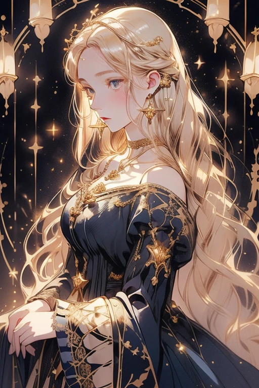 lamplight, beautiful woman, gold eyes, (Detailed eyes, The eyes are bright), Long blonde hair, pale-skinned, earrings, necklace, medium skin, dark blue dress, Meticulous gown, golden accessories on clothes, blue flowers on hair, (perfect anatomia), Highqualityshadow, natural lighting, (White highlights),overcast day, (starrysky), (shining)