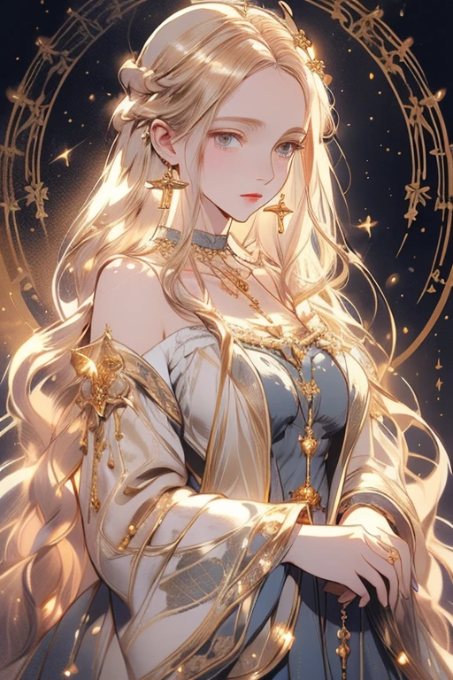 lamplight, beautiful woman, gold eyes, (Detailed eyes, The eyes are bright), Long blonde hair, pale-skinned, earrings, necklace, medium skin, dark blue dress, Meticulous gown, golden accessories on clothes, blue flowers on hair, (perfect anatomia), Highqualityshadow, natural lighting, (White highlights),overcast day, (starrysky), (shining)