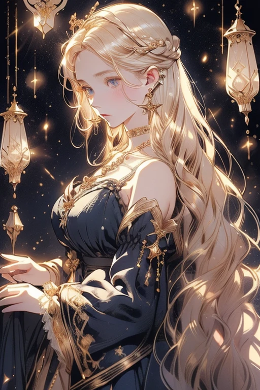 lamplight, beautiful woman, gold eyes, (Detailed eyes, The eyes are bright), Long blonde hair, pale-skinned, earrings, necklace, medium skin, dark blue dress, Meticulous gown, golden accessories on clothes, blue flowers on hair, (perfect anatomia), Highqualityshadow, natural lighting, (White highlights),overcast day, (starrysky), (shining)