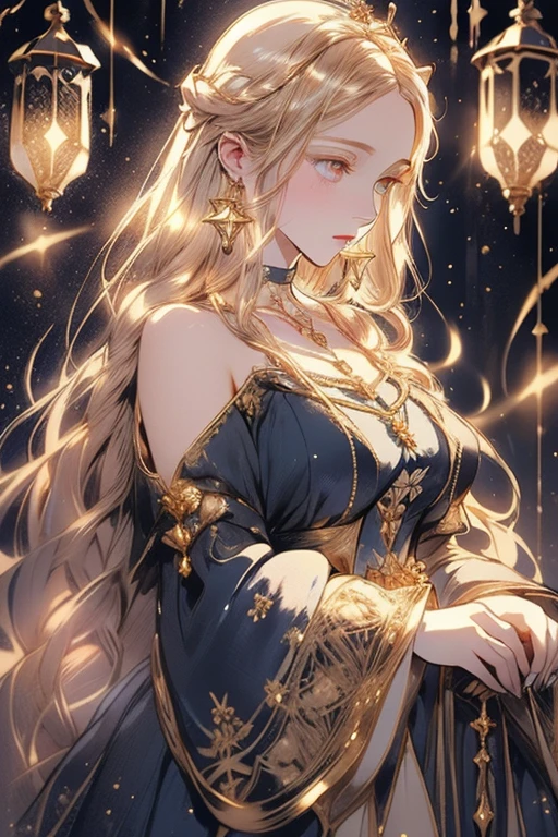 lamplight, beautiful woman, gold eyes, (Detailed eyes, The eyes are bright), Long blonde hair, pale-skinned, earrings, necklace, medium skin, dark blue dress, Meticulous gown, golden accessories on clothes, blue flowers on hair, (perfect anatomia), Highqualityshadow, natural lighting, (White highlights),overcast day, (starrysky), (shining)