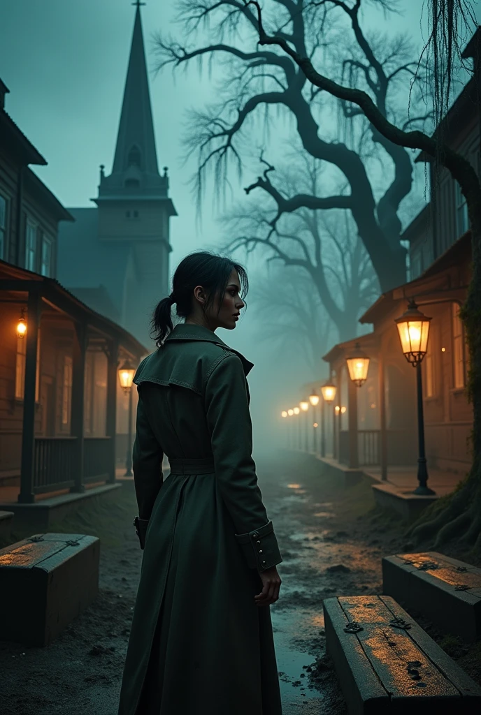 a lone bounty hunter gunslinger in a trench coat wandering through a dark fantasy victorian gothic town mixed with an old west setting, overgrown with a swampy backwater environment, old wooden buildings and a gothic church with wooden coffins on the muddy sandy street, spanish moss covering the dead trees and buildings, atmospheric night lighting with dramatic moody lighting, ultra detailed and realistic, close-up on the character's face, a scary monster, a female character