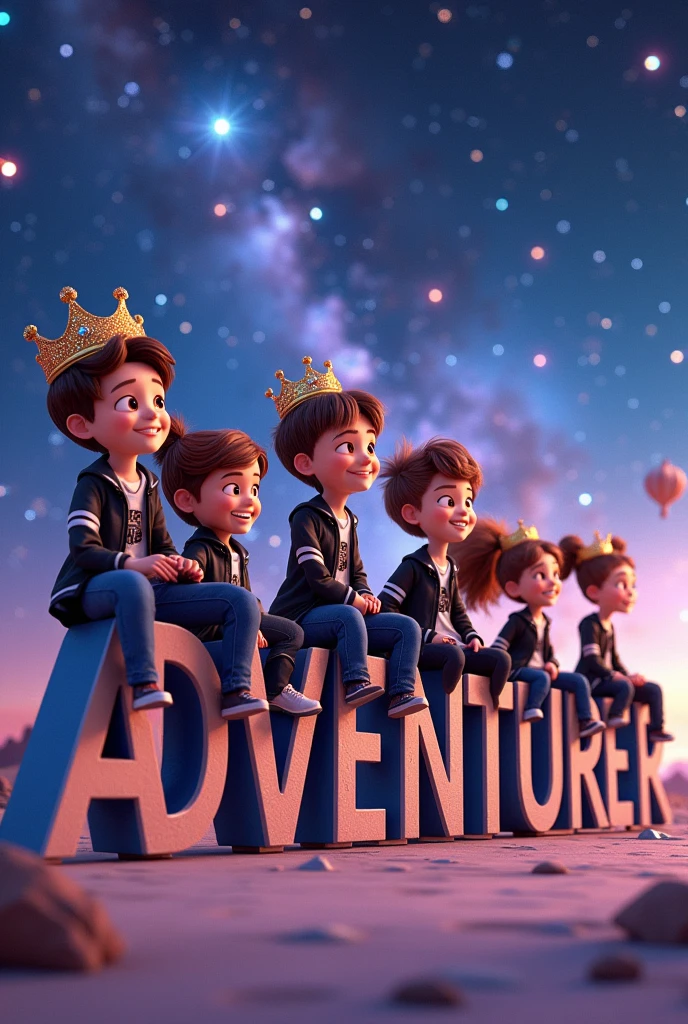 3D Animated of boys and girls seating in text "ADVENTURER" with Crown . Wearing black and white jacket . the background is outer space